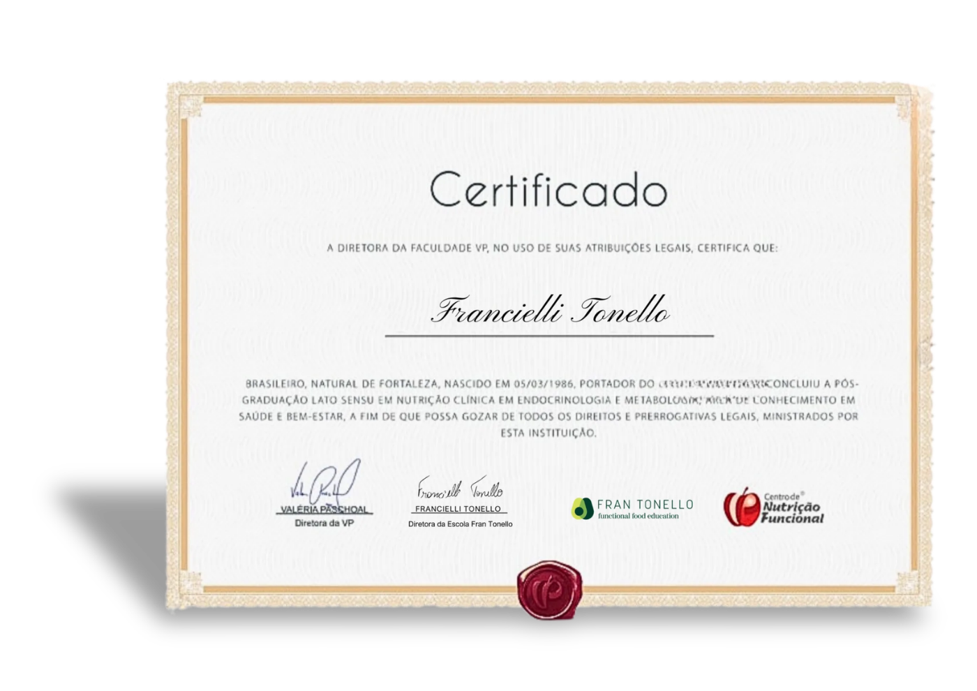 Diploma de Pós-Graduação em Gastronomia Funcional Integrativa reconhecido pelo MEC