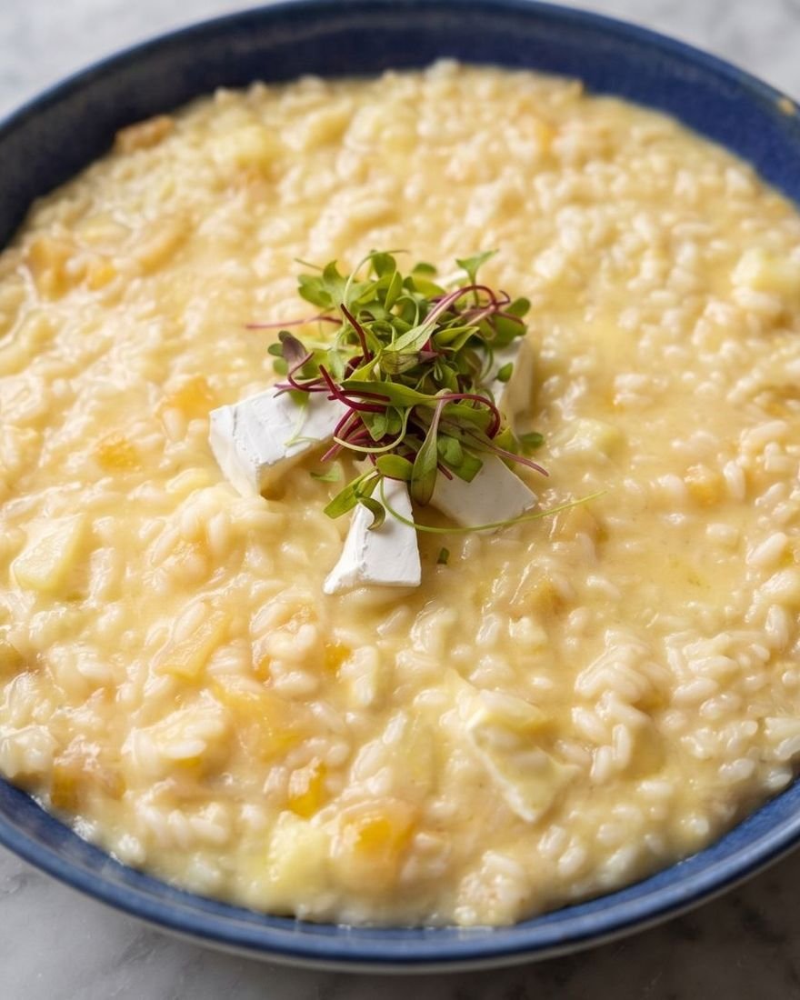 Risoto de abóbora cremoso finalizado com queijo vegetal e microverdes