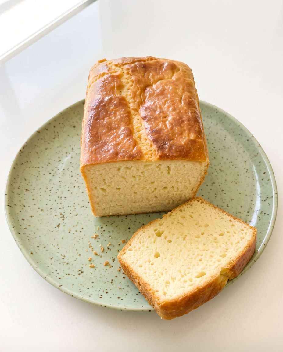 Pão sem glúten dourado na grade, com uma fatia cortada